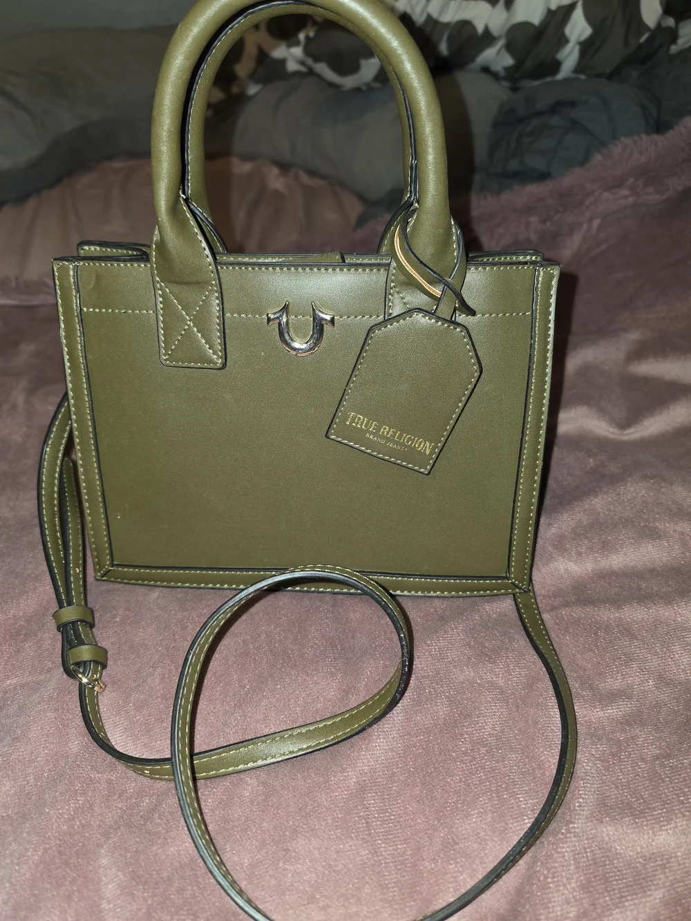 True Religion Olive Green Leather Crossbody Tote